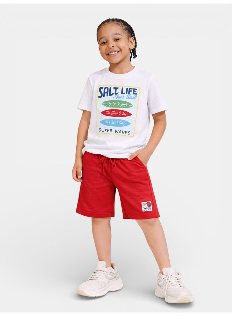 victor and jane Boys Surf Life Printed T-Shirt & Red Shorts Set - Image 1